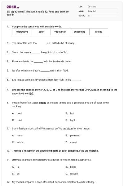 Bài tập từ vựng Tiếng Anh Chủ đề 12: Food and drink có đáp án