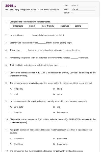 Bài tập từ vựng Tiếng Anh Chủ đề 13: The media có đáp án