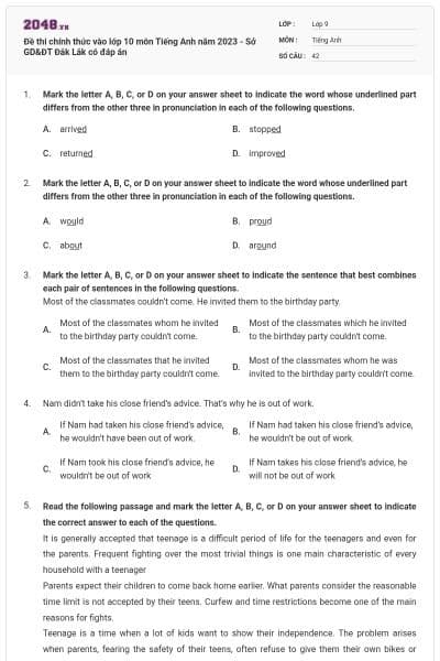 Đề thi chính thức vào lớp 10 môn Tiếng Anh năm 2023 - Sở GD&ĐT Đắk Lắk có đáp án