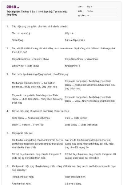 Trắc nghiệm Tin học 9 Bài 11 (có đáp án): Tạo các hiệu ứng động