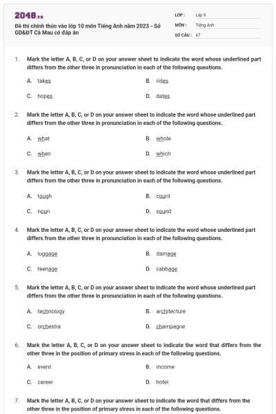 Đề thi chính thức vào lớp 10 môn Tiếng Anh năm 2023 - Sở GD&ĐT Cà Mau có đáp án