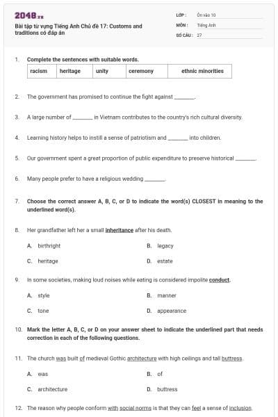 Bài tập từ vựng Tiếng Anh Chủ đề 17: Customs and traditions có đáp án