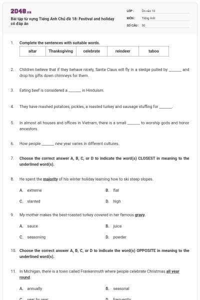 Bài tập từ vựng Tiếng Anh Chủ đề 18: Festival and holiday có đáp án