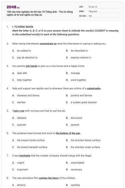 100 câu trắc nghiệm ôn thi vào 10 Tiếng Anh - Tìm từ đồng nghĩa và từ trái nghĩa có đáp án