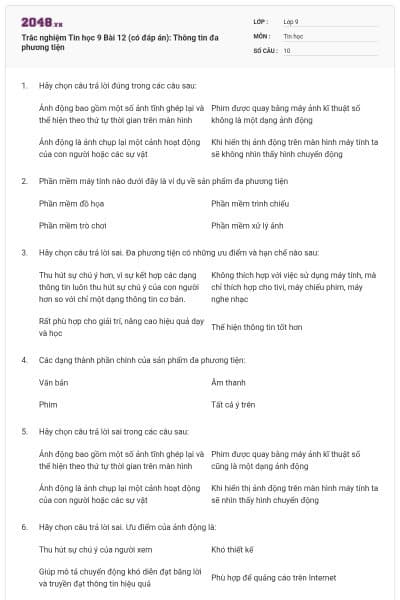 Trắc nghiệm Tin học 9 Bài 12 (có đáp án): Thông tin đa phương tiện