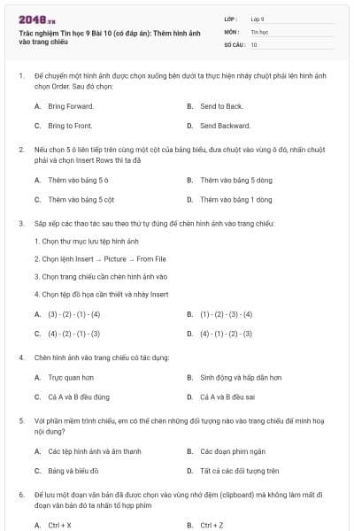 Trắc nghiệm Tin học 9 Bài 10 (có đáp án): Thêm hình ảnh vào trang chiếu