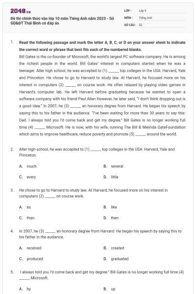 Đề thi chính thức vào lớp 10 môn Tiếng Anh năm 2023 - Sở GD&ĐT Thái Bình có đáp án