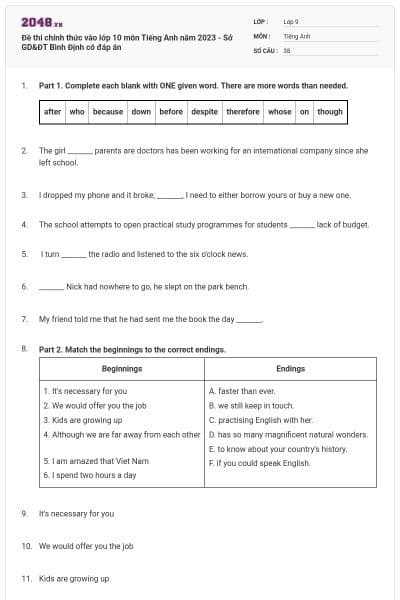 Đề thi chính thức vào lớp 10 môn Tiếng Anh năm 2023 - Sở GD&ĐT Bình Định có đáp án