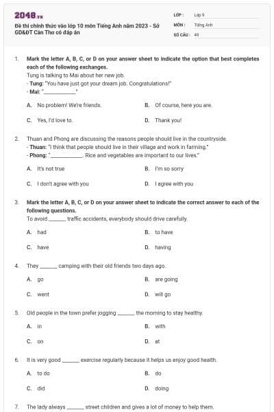 Đề thi chính thức vào lớp 10 môn Tiếng Anh năm 2023 - Sở GD&ĐT Cần Thơ có đáp án