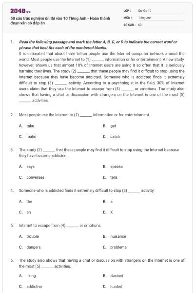 50 câu trắc nghiệm ôn thi vào 10 Tiếng Anh - Hoàn thành đoạn văn có đáp án