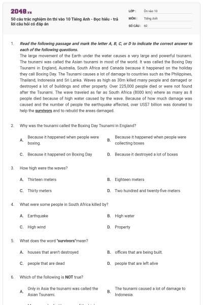 50 câu trắc nghiệm ôn thi vào 10 Tiếng Anh - Đọc hiểu - trả lời câu hỏi có đáp án
