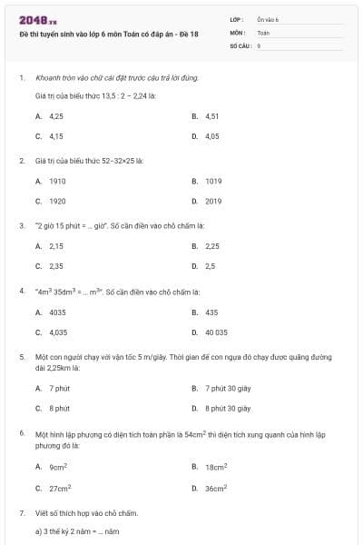 Đề thi tuyển sinh vào lớp 6 môn Toán có đáp án - Đề 18