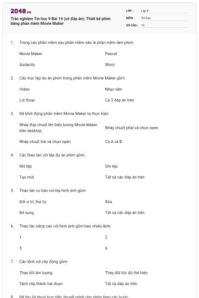 Trắc nghiệm Tin học 9 Bài 14 (có đáp án): Thiết kế phim bằng phần mềm Movie Maker