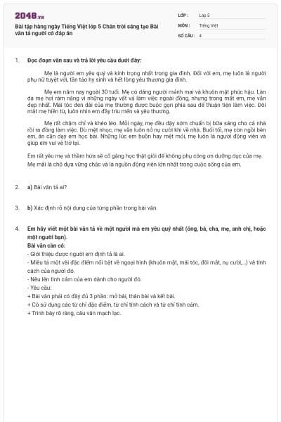 Bài tập hàng ngày Tiếng Việt lớp 5 Chân trời sáng tạo Bài văn tả người có đáp án