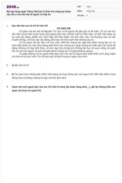 Bài tập hàng ngày Tiếng Việt lớp 5 Chân trời sáng tạo Quan sát, tìm ý cho bài văn tả người có đáp án