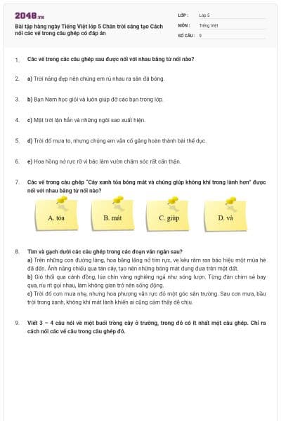 Bài tập hàng ngày Tiếng Việt lớp 5 Chân trời sáng tạo Cách nối các vế trong câu ghép có đáp án
