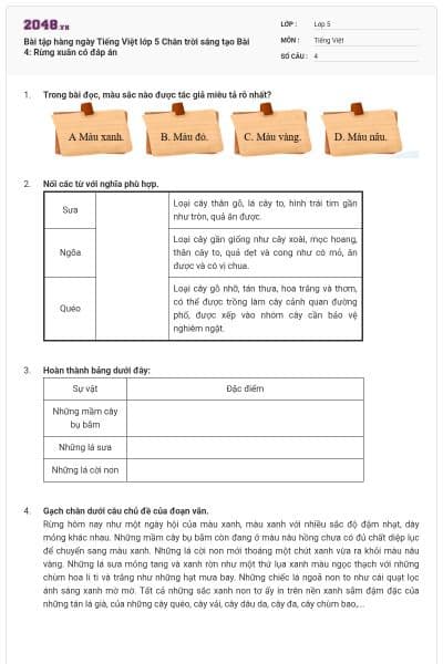 Bài tập hàng ngày Tiếng Việt lớp 5 Chân trời sáng tạo Bài 4: Rừng xuân có đáp án