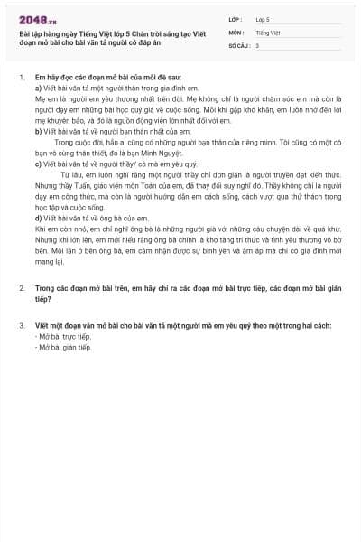 Bài tập hàng ngày Tiếng Việt lớp 5 Chân trời sáng tạo Viết đoạn mở bài cho bài văn tả người có đáp án