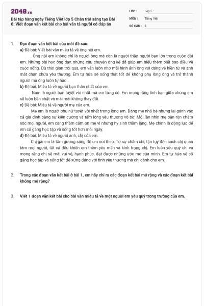 Bài tập hàng ngày Tiếng Việt lớp 5 Chân trời sáng tạo Bài 6: Viết đoạn văn kết bài cho bài văn tả người có đáp án