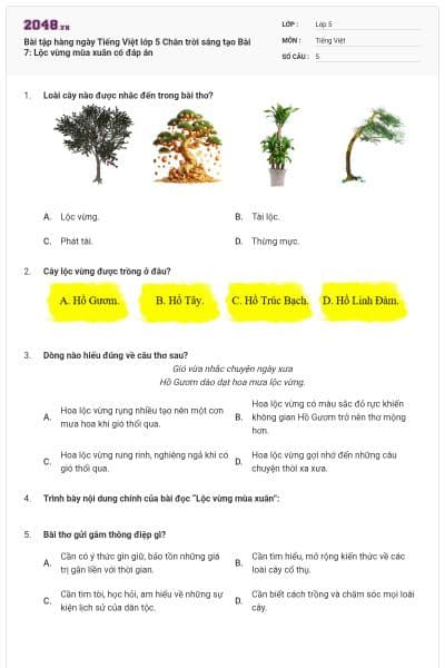 Bài tập hàng ngày Tiếng Việt lớp 5 Chân trời sáng tạo Bài 7: Lộc vừng mùa xuân có đáp án