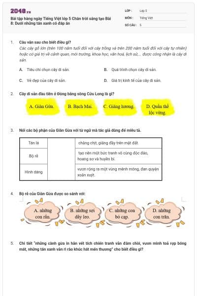Bài tập hàng ngày Tiếng Việt lớp 5 Chân trời sáng tạo Bài 8: Dưới những tán xanh có đáp án