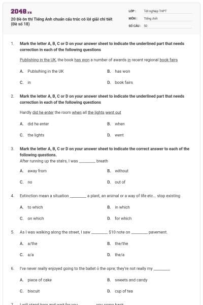 20 Đề ôn thi Tiếng Anh chuẩn cấu trúc có lời giải chi tiết (Đề số 18)