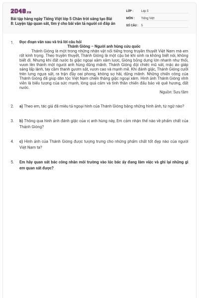 Bài tập hàng ngày Tiếng Việt lớp 5 Chân trời sáng tạo Bài 8: Luyện tập quan sát, tìm ý cho bài văn tả người có đáp án