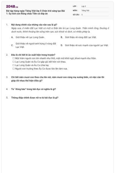 Bài tập hàng ngày Tiếng Việt lớp 5 Chân trời sáng tạo Bài 1: Sự tích con Rồng cháu Tiên có đáp án