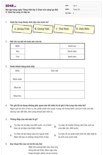 Bài tập hàng ngày Tiếng Việt lớp 5 Chân trời sáng tạo Bài 4: Vịnh Hạ Long có đáp án