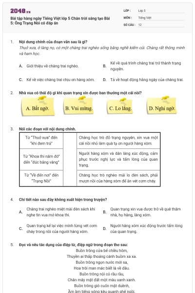 Bài tập hàng ngày Tiếng Việt lớp 5 Chân trời sáng tạo Bài 5: Ông Trạng Nồi có đáp án