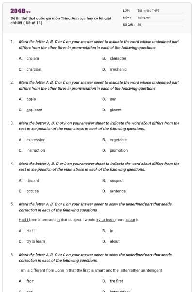 Đề thi thử thpt quốc gia môn Tiếng Anh cực hay có lời giải chi tiết ( Đề số 11)