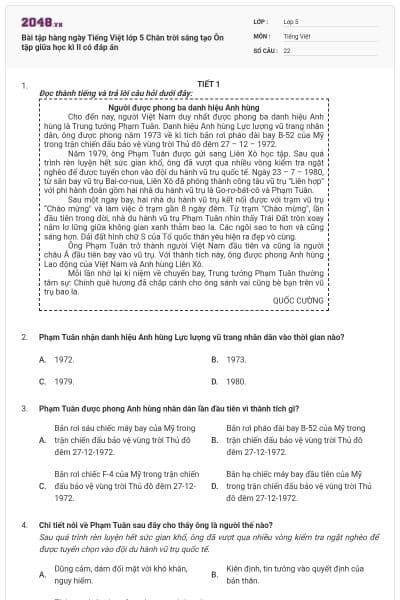 Bài tập hàng ngày Tiếng Việt lớp 5 Chân trời sáng tạo Ôn tập giữa học kì II có đáp án