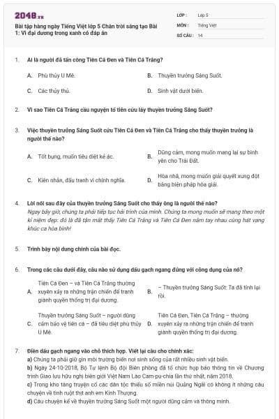 Bài tập hàng ngày Tiếng Việt lớp 5 Chân trời sáng tạo Bài 1: Vì đại dương trong xanh có đáp án
