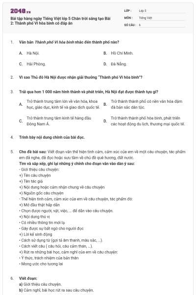 Bài tập hàng ngày Tiếng Việt lớp 5 Chân trời sáng tạo Bài 2: Thành phố Vì hòa bình có đáp án
