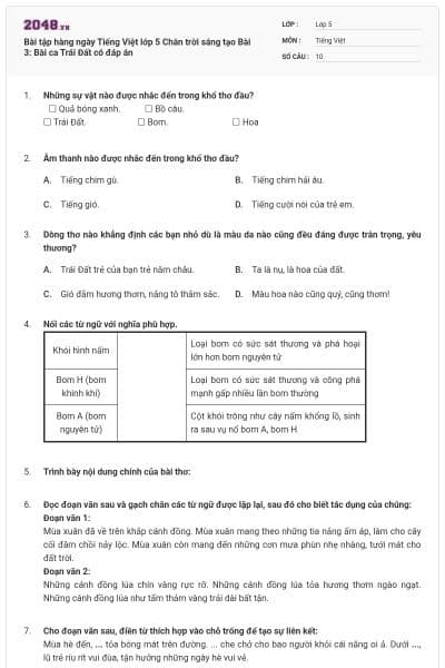Bài tập hàng ngày Tiếng Việt lớp 5 Chân trời sáng tạo Bài 3: Bài ca Trái Đất có đáp án