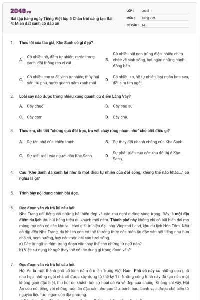 Bài tập hàng ngày Tiếng Việt lớp 5 Chân trời sáng tạo Bài 4: Miền đất xanh có đáp án