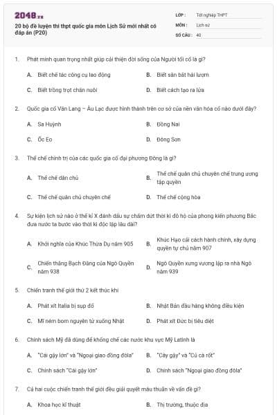 20 bộ đề luyện thi thpt quốc gia môn Lịch Sử mới nhất có đáp án (P20)