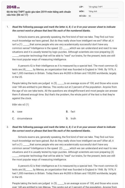Đề thi thử THPT quốc gia năm 2019 môn tiếng anh chuẩn cấu trúc (Đề số 17)