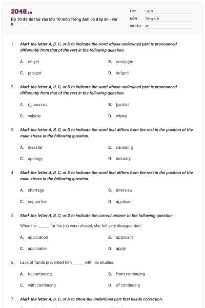 Bộ 10 đề thi thử vào lớp 10 môn Tiếng Anh có đáp án - Đề 9