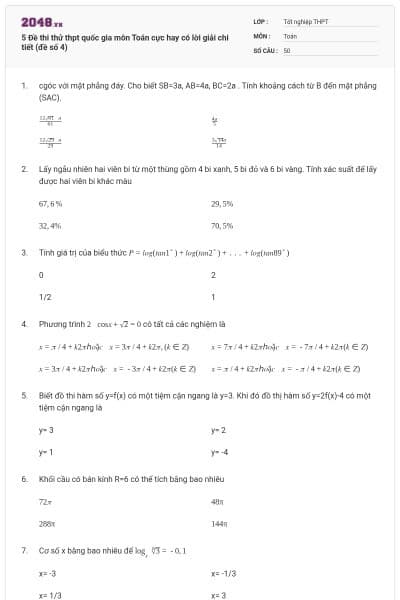5 Đề thi thử thpt quốc gia môn Toán cực hay có lời giải chi tiết (đề số 4)