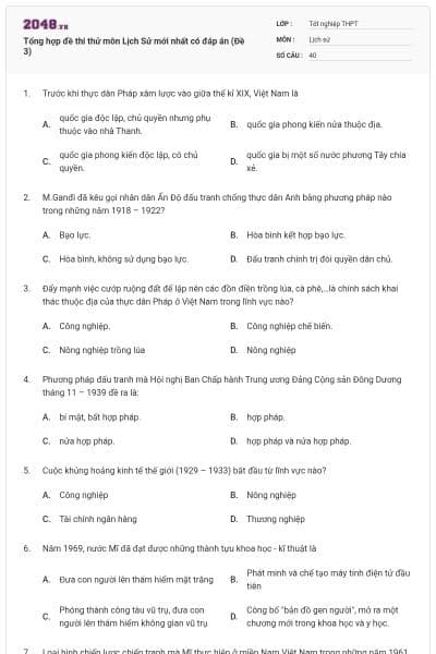 Tổng hợp đề thi thử môn Lịch Sử mới nhất có đáp án (Đề 3)