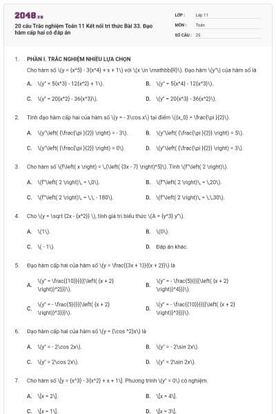 20 câu Trắc nghiệm Toán 11 Kết nối tri thức Bài 33. Đạo hàm cấp hai có đáp án