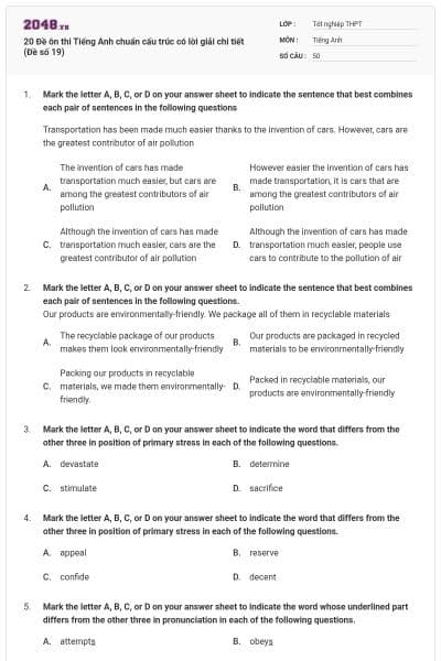20 Đề ôn thi Tiếng Anh chuẩn cấu trúc có lời giải chi tiết (Đề số 19)