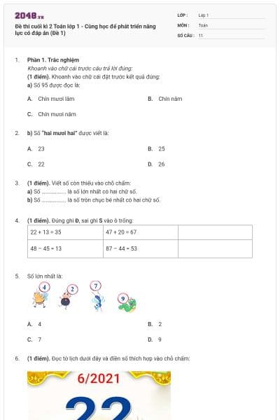Đề thi cuối kì 2 Toán lớp 1 - Cùng học để phát triển năng lực có đáp án (Đề 1)
