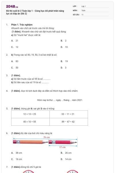 Đề thi cuối kì 2 Toán lớp 1 - Cùng học để phát triển năng lực có đáp án (Đề 2)