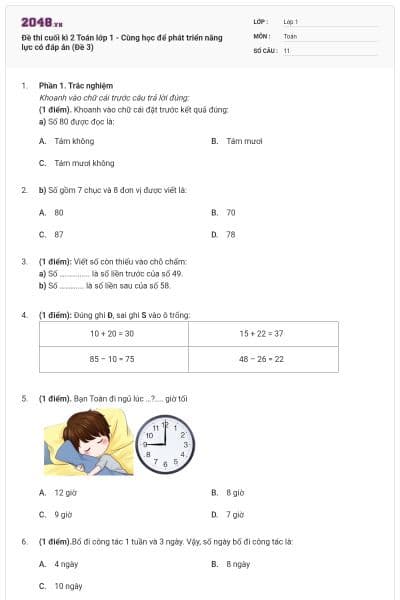 Đề thi cuối kì 2 Toán lớp 1 - Cùng học để phát triển năng lực có đáp án (Đề 3)