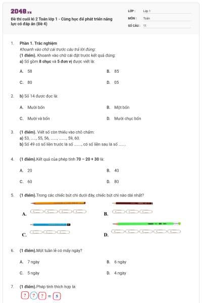 Đề thi cuối kì 2 Toán lớp 1 - Cùng học để phát triển năng lực có đáp án (Đề 4)
