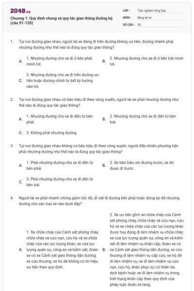 Chương 1: Quy định chung và quy tắc giao thông đường bộ (câu 91-120)