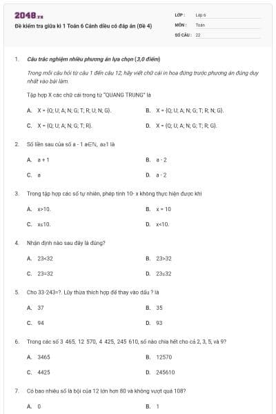Đề kiểm tra giữa kì 1 Toán 6 Cánh diều có đáp án (Đề 4)