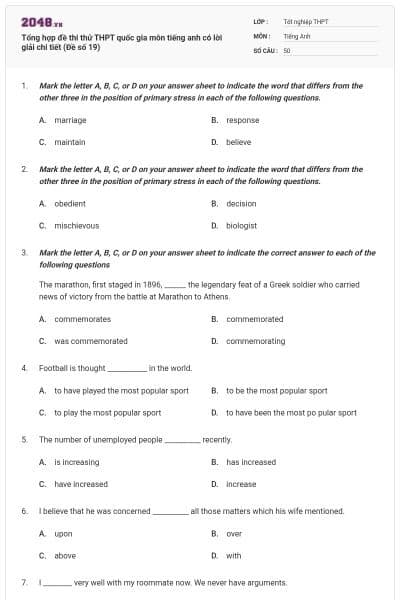 Tổng hợp đề thi thử THPT quốc gia môn tiếng anh có lời giải chi tiết (Đề số 19)
